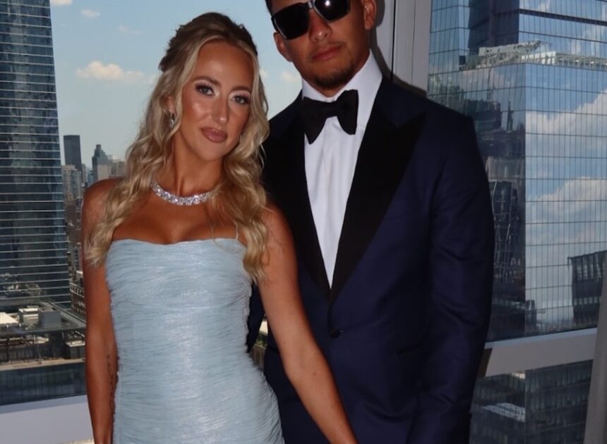 Patrick and Brittany Mahomes Match in Blue at Taylor and Travis’ Wedding