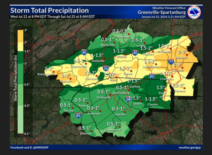 Up to 3 inches of rain could fall in parts of Mecklenburg County, forecasters say